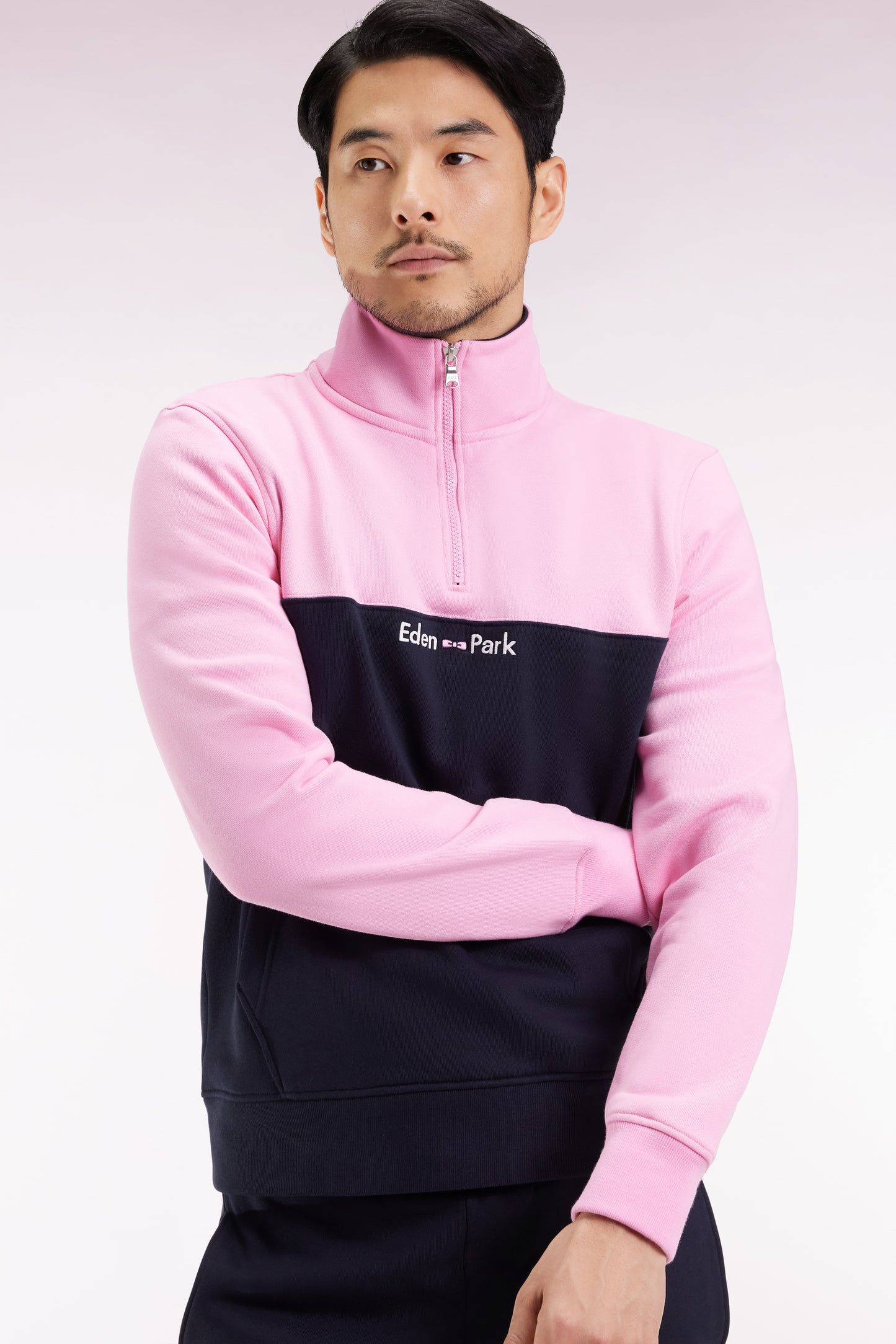 Two-tone pink fleece trucker-neck sweatshirt