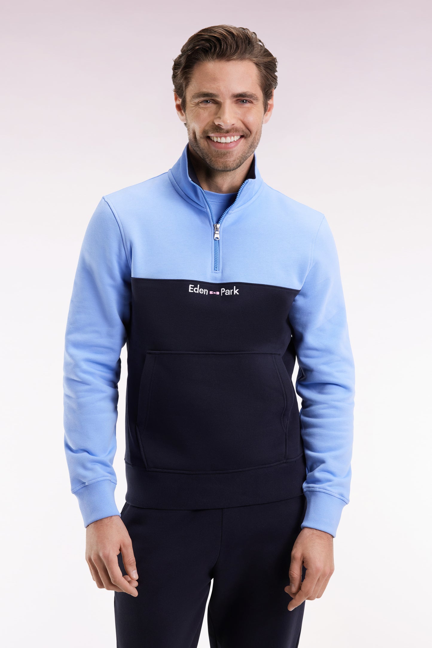 Two-tone sky fleece trucker-neck sweatshirt