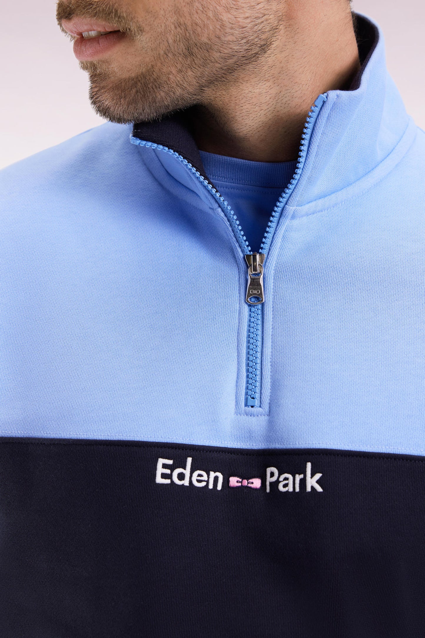 Two-tone sky fleece trucker-neck sweatshirt