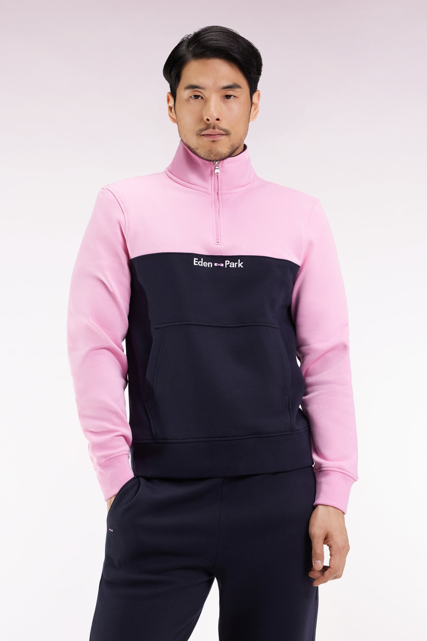 Two-tone pink fleece trucker-neck sweatshirt