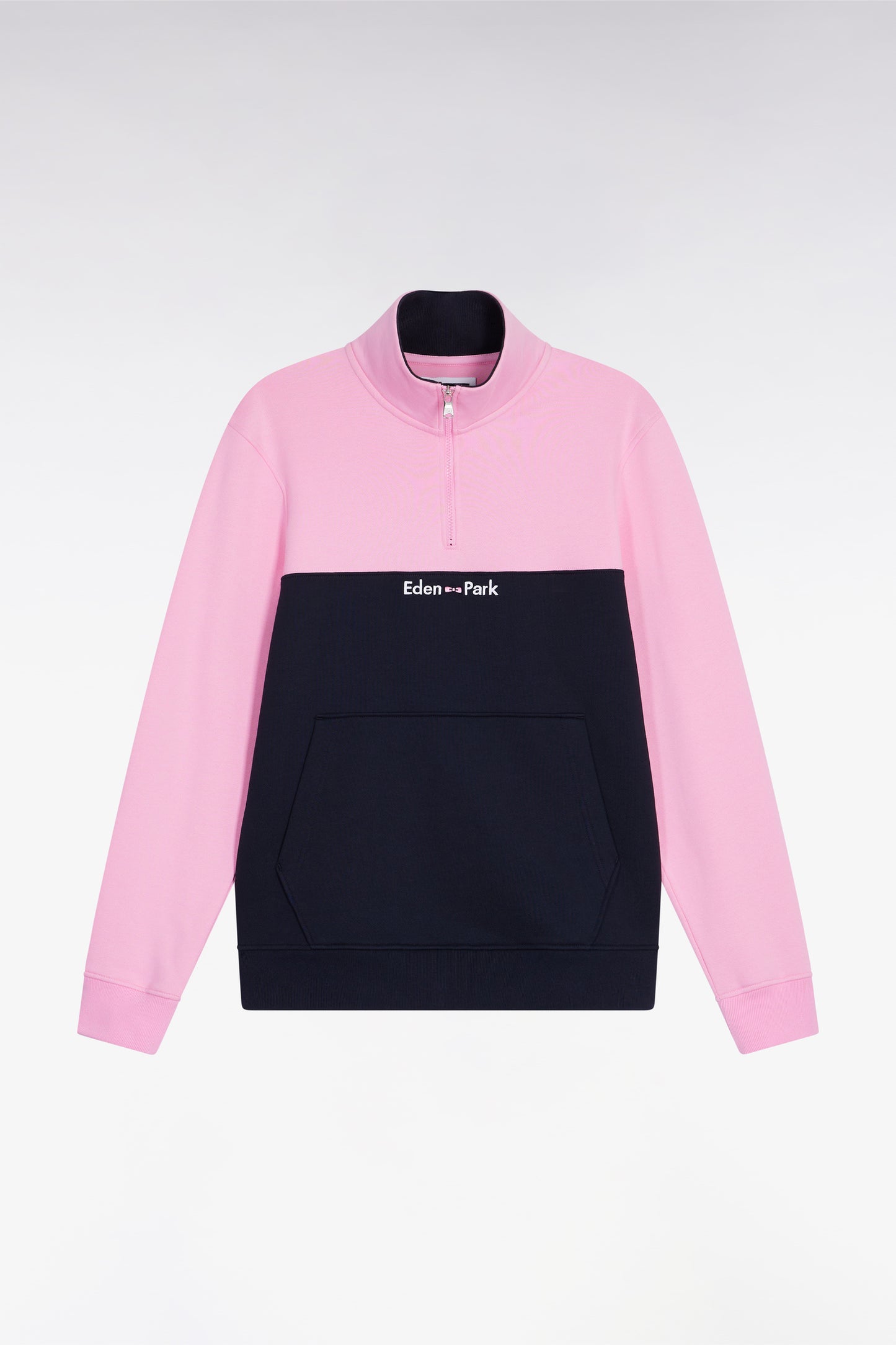Two-tone pink fleece trucker-neck sweatshirt