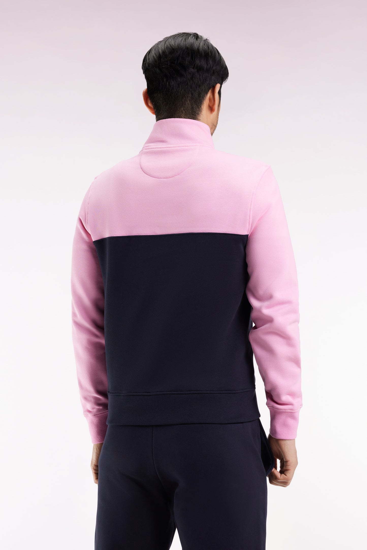 Two-tone pink fleece trucker-neck sweatshirt
