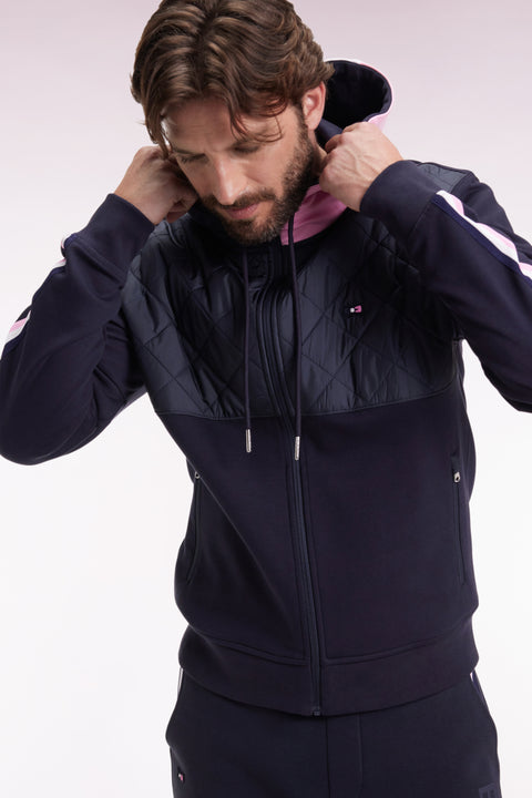 Zipped sweatshirt in navy and pink quilted bimaterial interlock - Image 1
