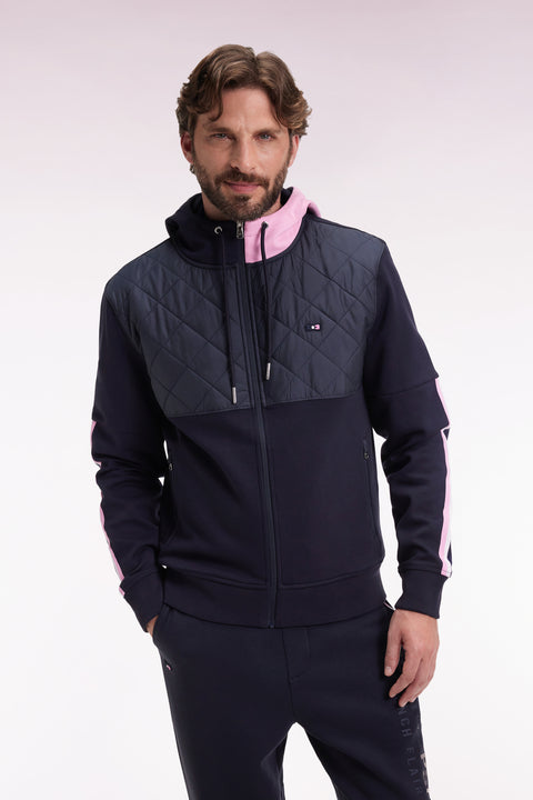 Zipped sweatshirt in navy and pink quilted bimaterial interlock - Image 3