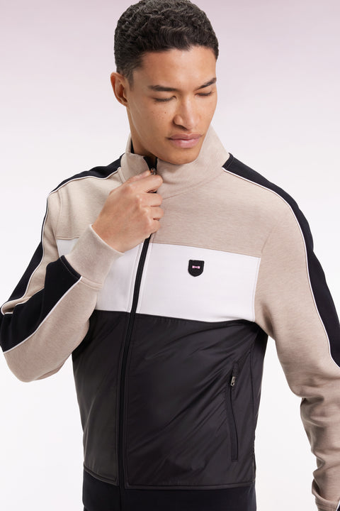 Two-material zip-up sweatshirt in beige quilted nylon - Image 1