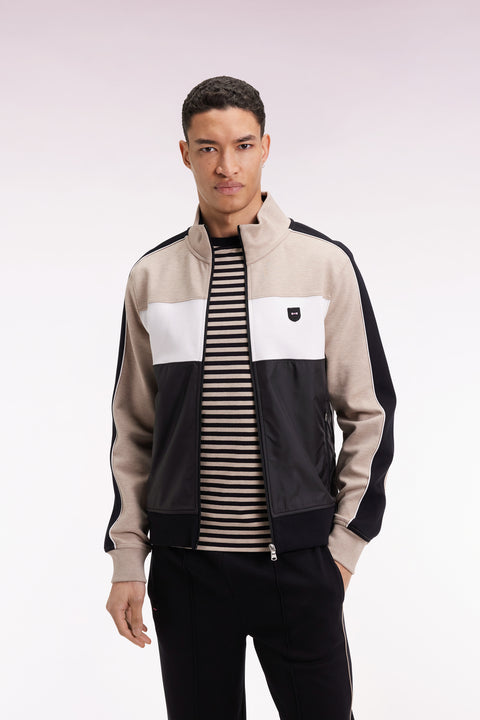 Two-material zip-up sweatshirt in beige quilted nylon - Image 3