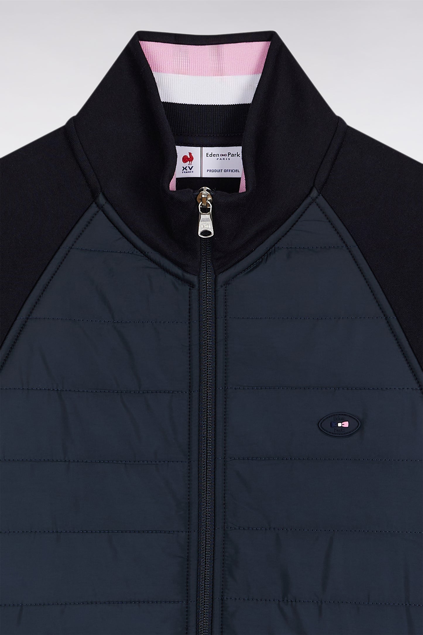 Navy two-color zip-up sweatshirt, straight cut