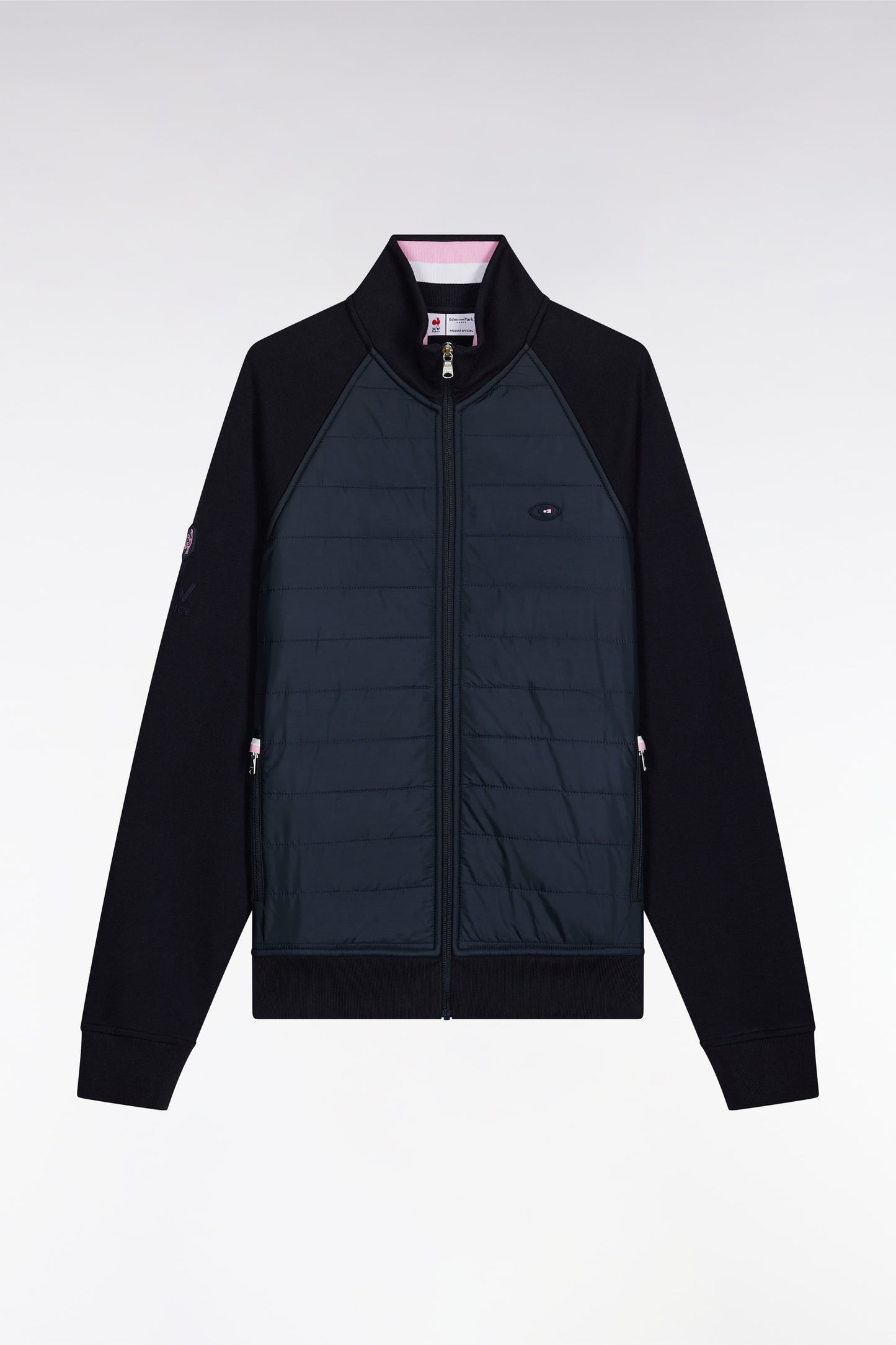 Navy two-color zip-up sweatshirt, straight cut