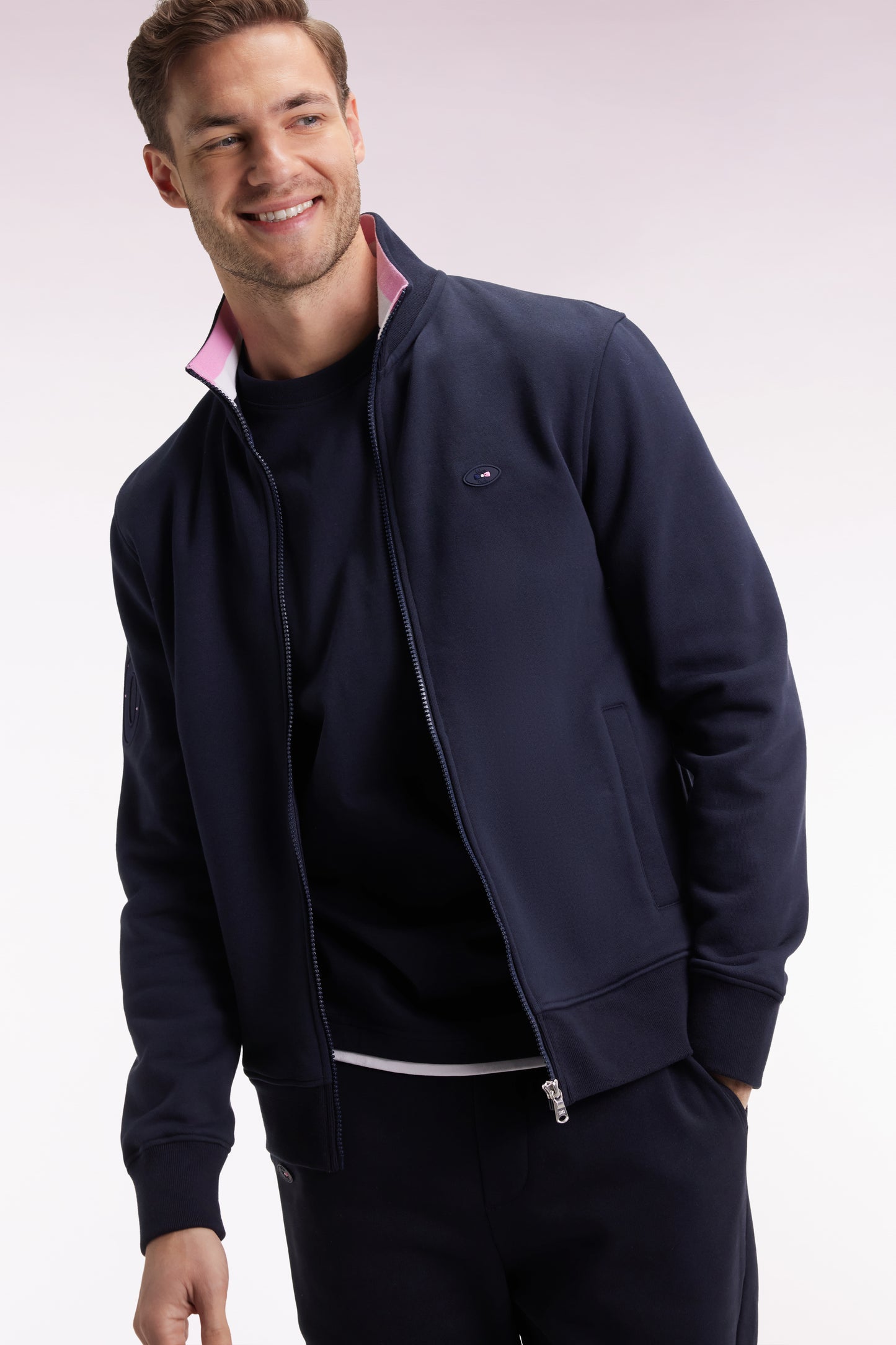 Zipped sweatshirt in navy cotton embroidery 10 straight cut