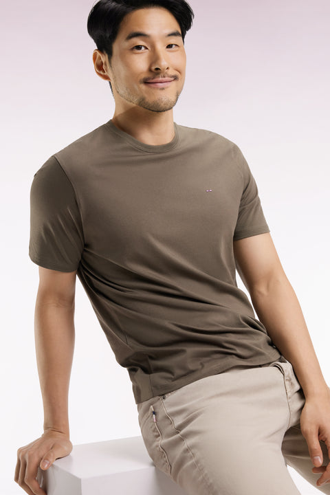 Short-sleeved round-neck T-shirt in khaki Pima cotton - Image 1