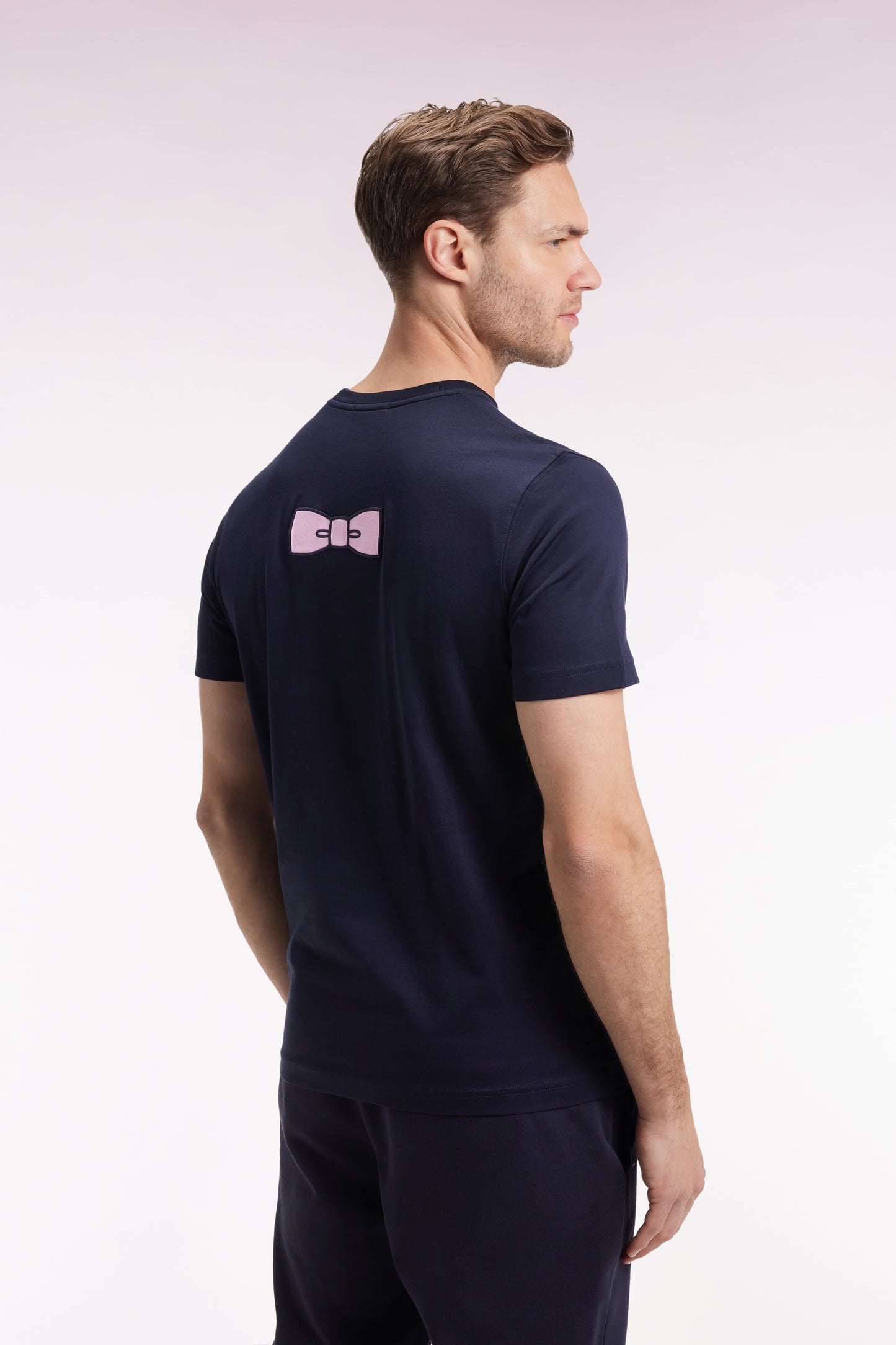 Short-sleeved T-shirt with embroidered back in navy Pima cotton