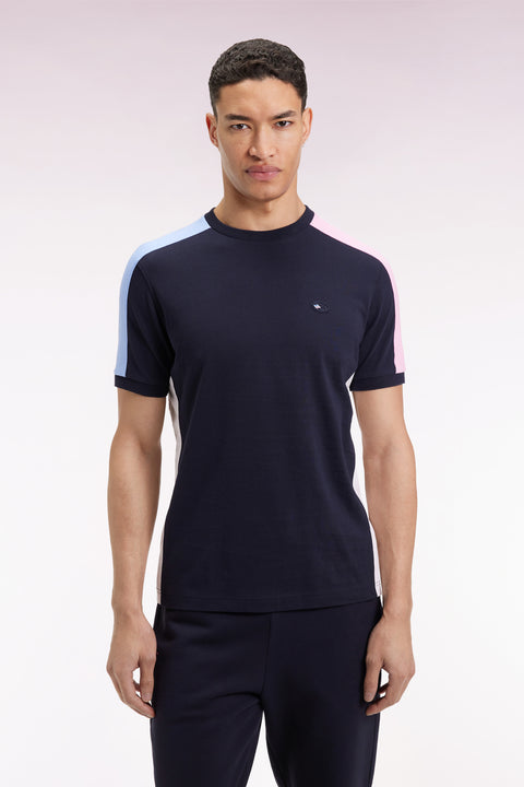 Short-sleeved navy cotton T-shirt with colorful cut-outs - Image 3