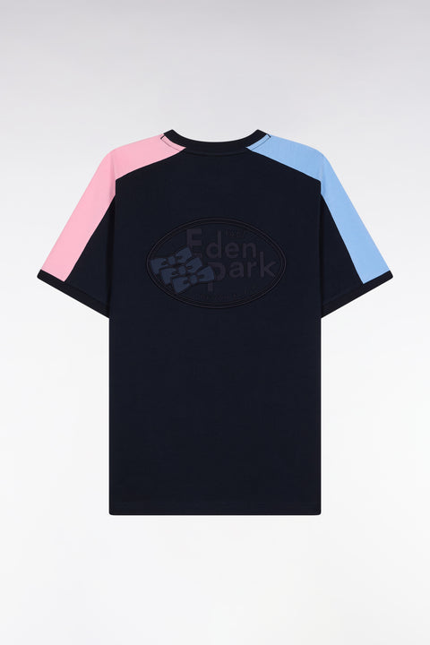 Short-sleeved navy cotton T-shirt with colorful cut-outs - Image 2