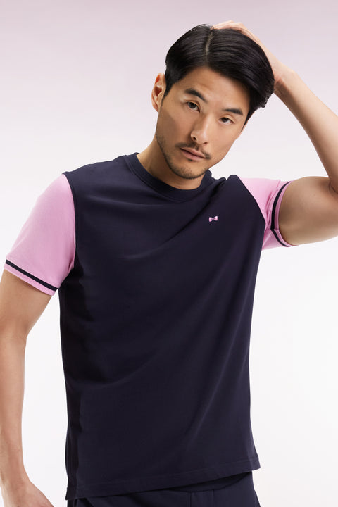 Two-tone short-sleeved T-shirt in navy and pink embroidered cotton - Image 1