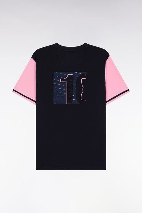 Two-tone short-sleeved T-shirt in navy and pink embroidered cotton - Image 2