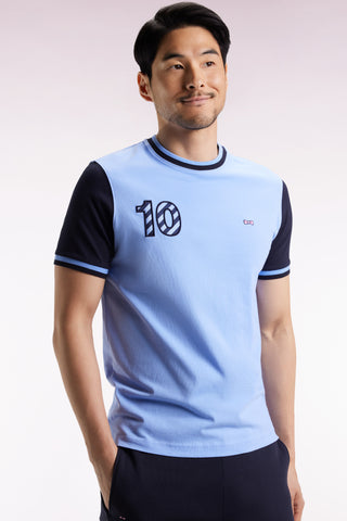 Two-tone short-sleeved T-shirt in sky cotton 10" embroidery