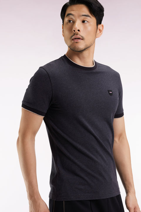 Short-sleeved T-shirt in charcoal grey stretch cotton, slim fit - Image 1