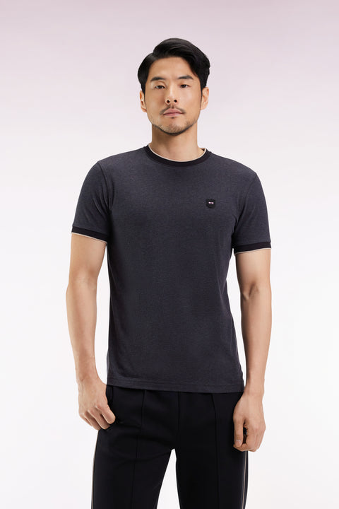 Short-sleeved T-shirt in charcoal grey stretch cotton, slim fit - Image 3