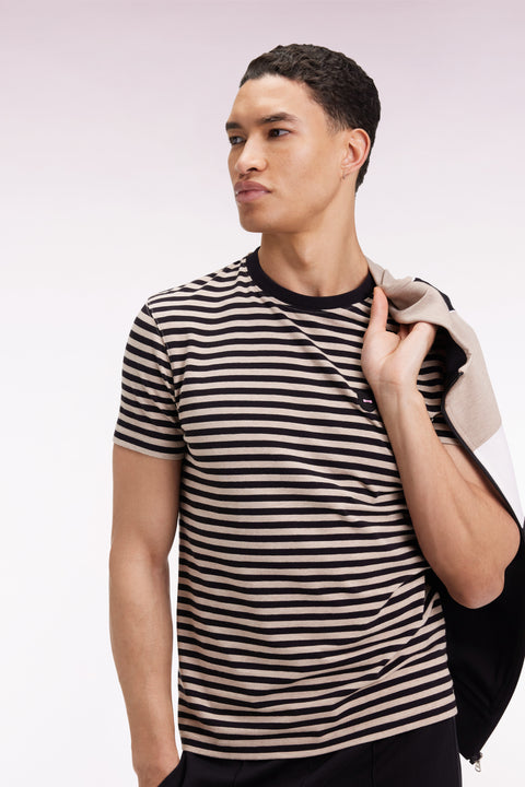 Short-sleeved T-shirt in navy and brown striped cotton jersey - Image 1
