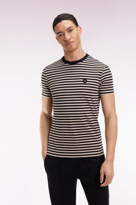 Short-sleeved T-shirt in navy and brown striped cotton jersey - Image 3