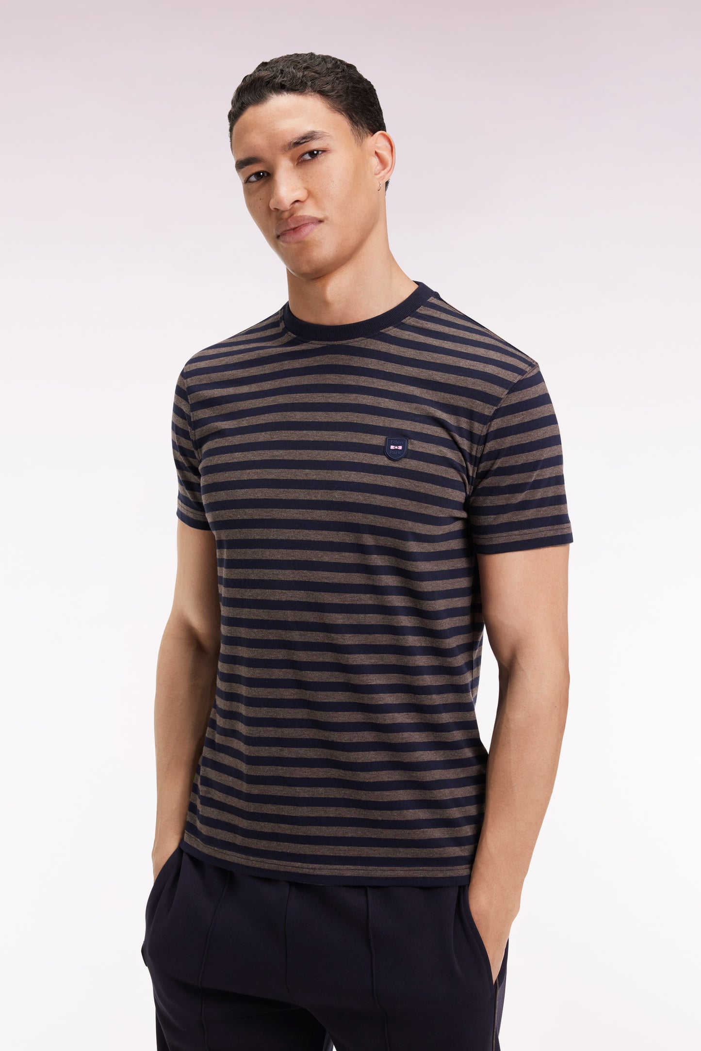 Short-sleeved T-shirt in navy striped cotton jersey