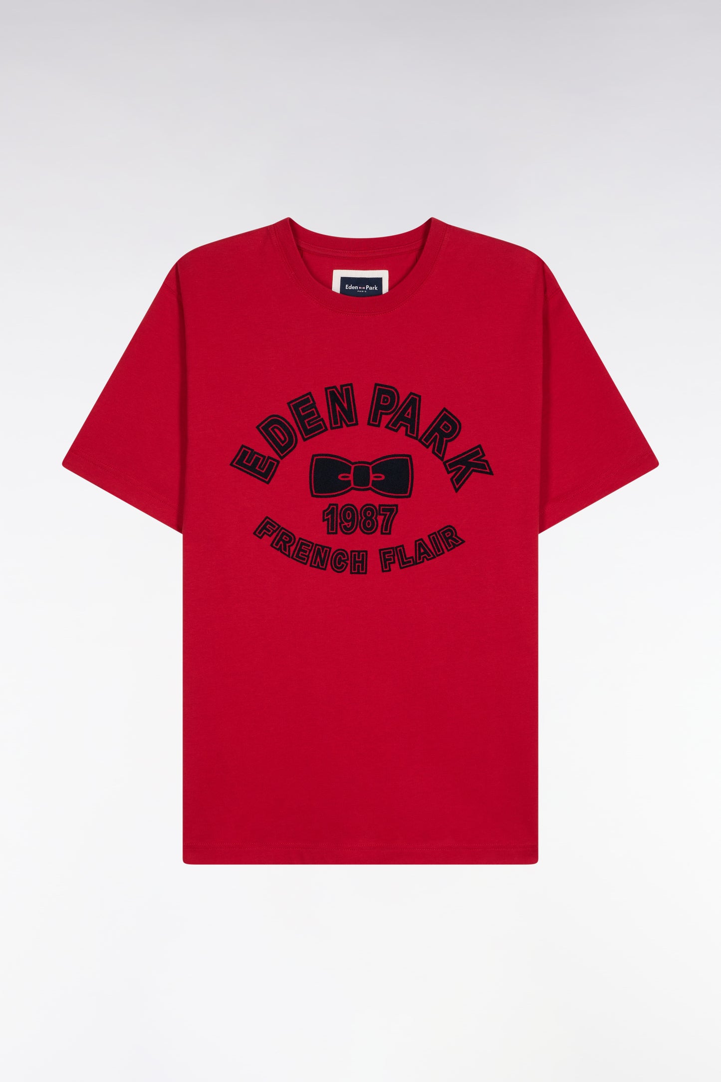 Short-sleeved T-shirt in red cotton with velvet-effect print