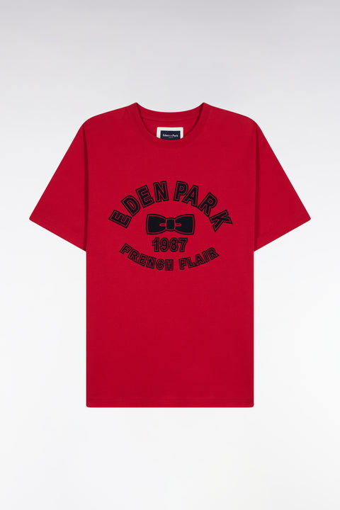 Short-sleeved T-shirt in red cotton with velvet-effect print - Image 2