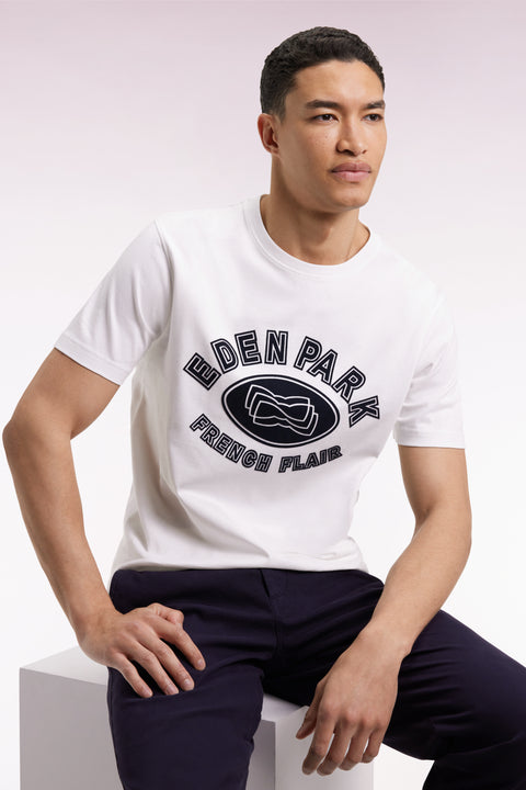 Short-sleeved T-shirt in white cotton with velvet-effect print - Image 1