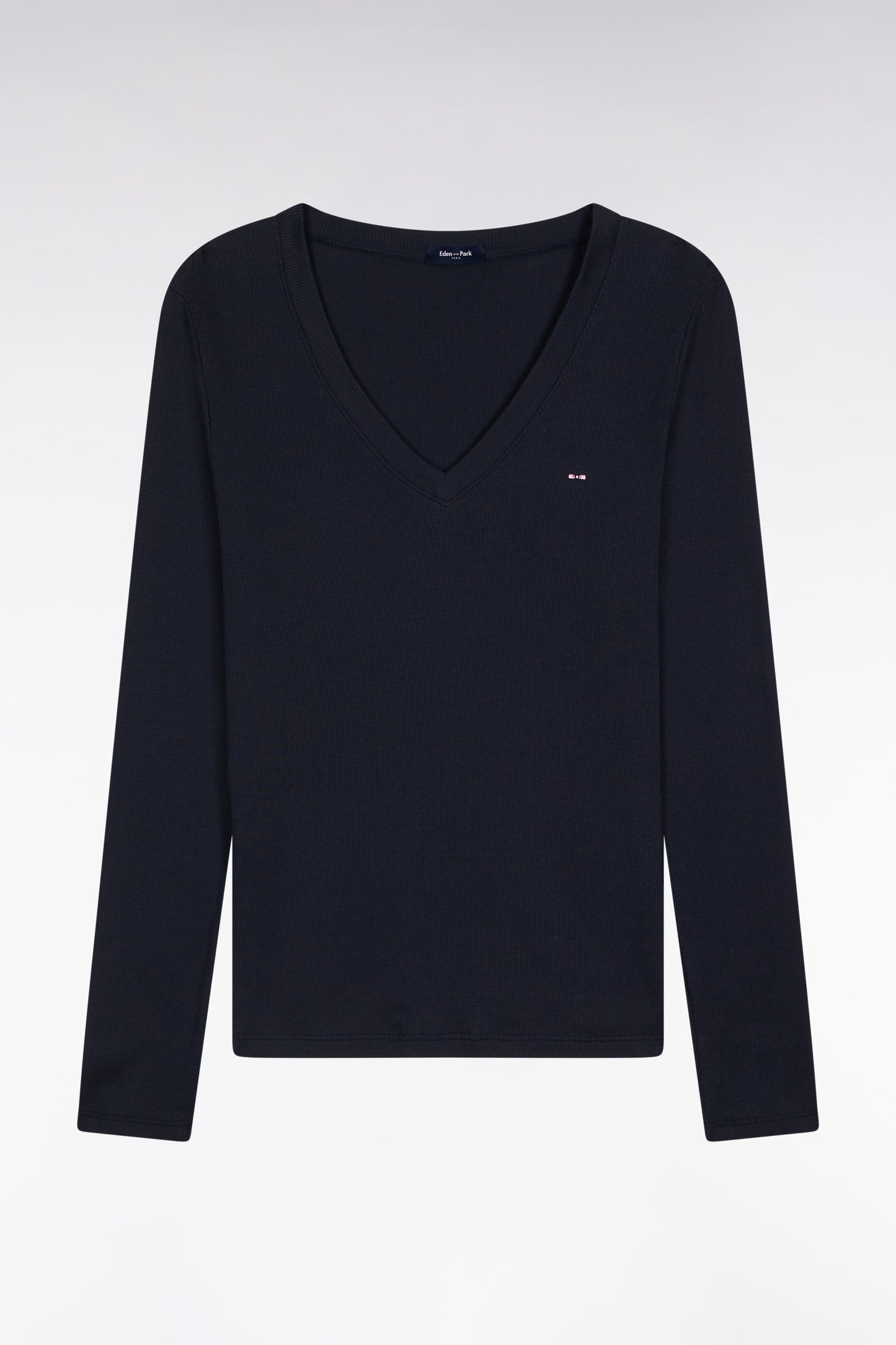 T-shirt à manches longues en coton Pima côtelé marine coupe slim