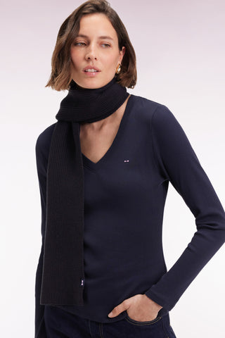 Long-sleeved T-shirt in navy ribbed Pima cotton, slim fit