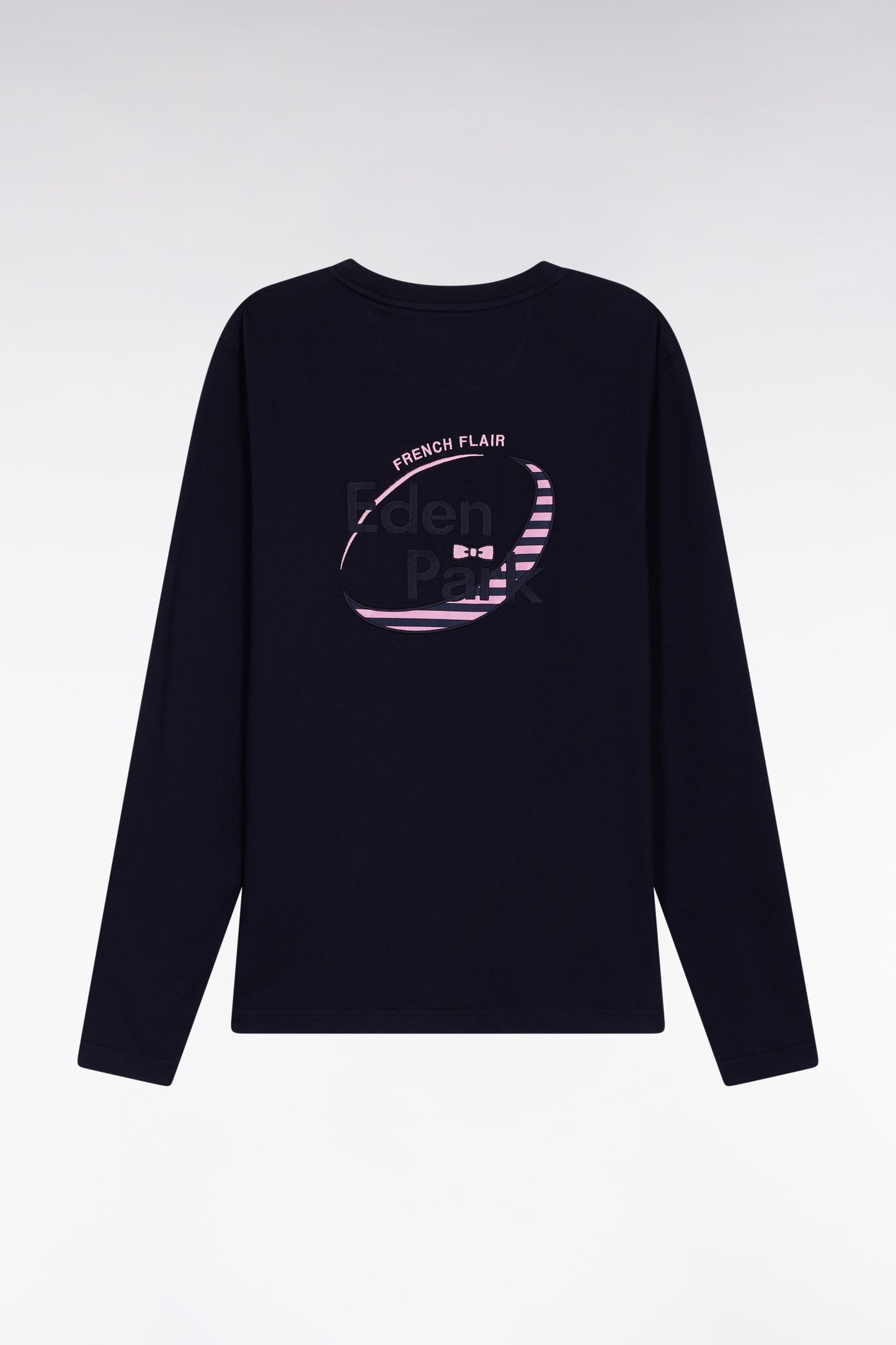 Long-sleeved navy cotton T-shirt with pink stripes