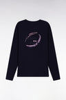 Long-sleeved navy cotton T-shirt with pink stripes