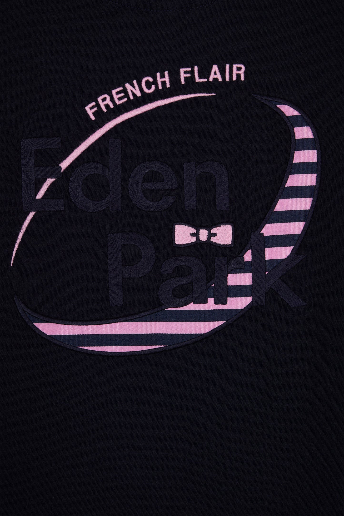 Long-sleeved navy cotton T-shirt with pink stripes