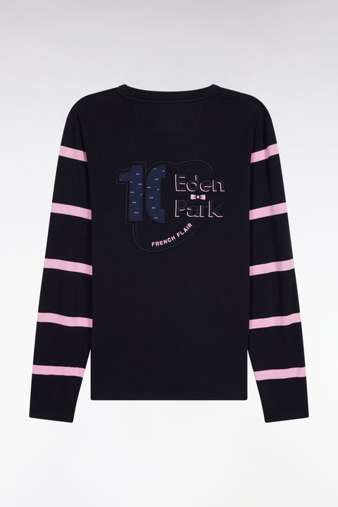 Long-sleeved navy cotton T-shirt with striped sleeves - Image 2