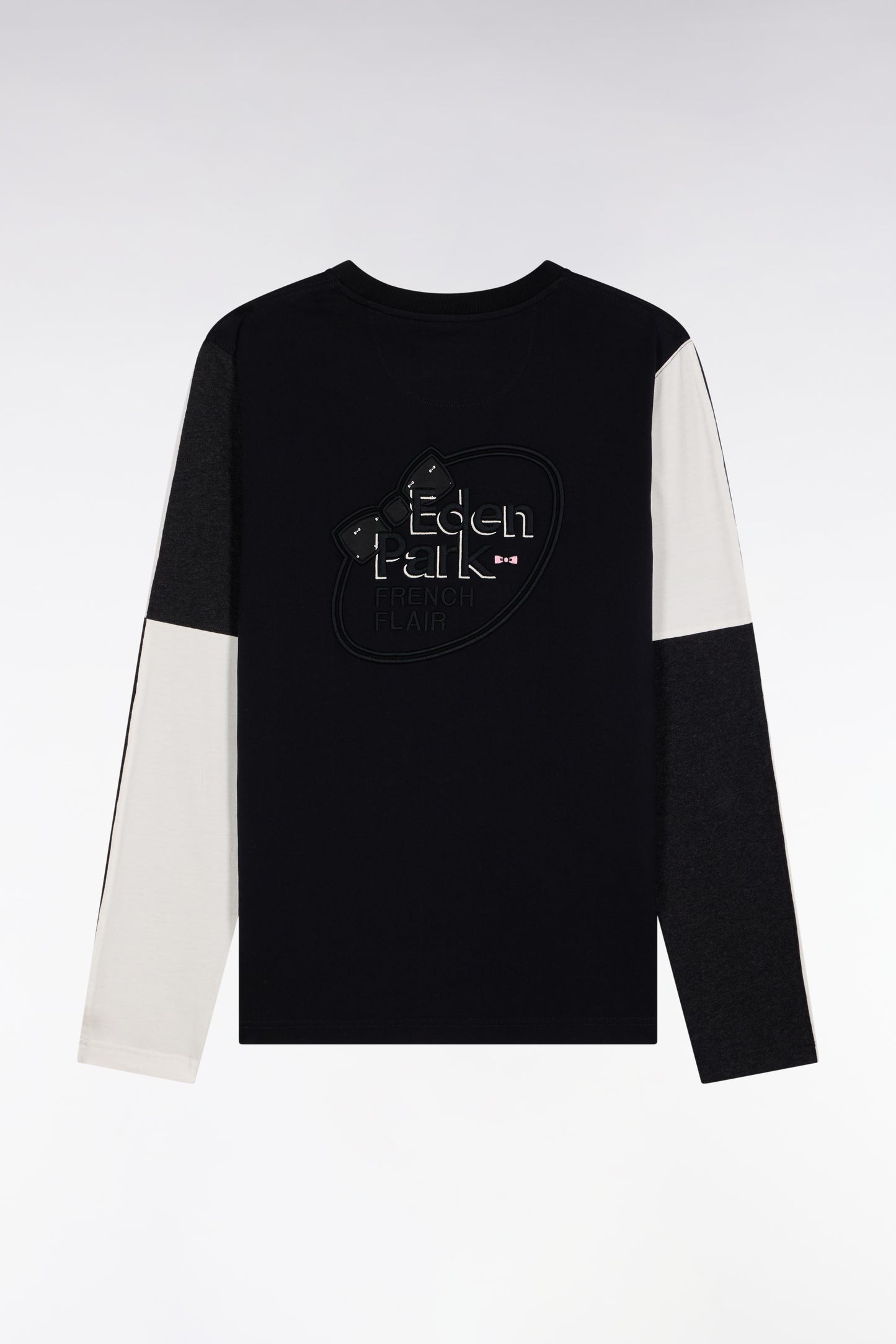 Black cotton colorblock white and grey long-sleeved T-shirt