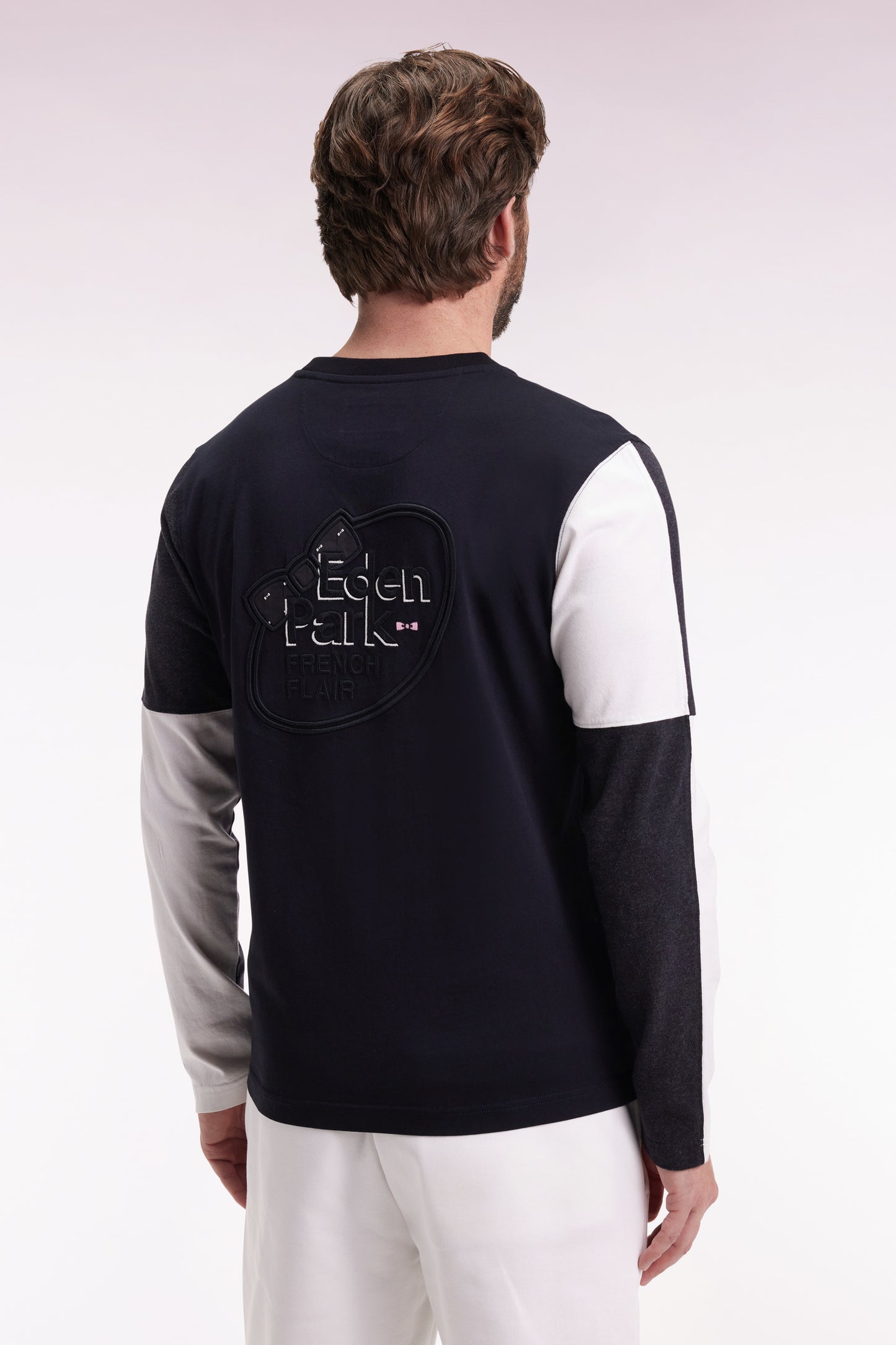 Black cotton colorblock white and grey long-sleeved T-shirt