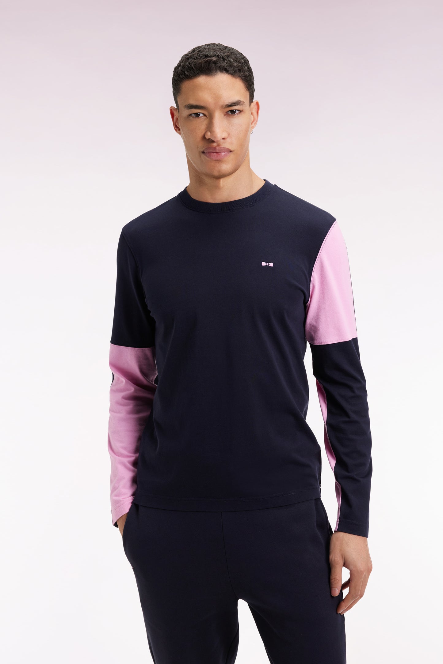 Long-sleeved T-shirt in pink colorblock navy cotton