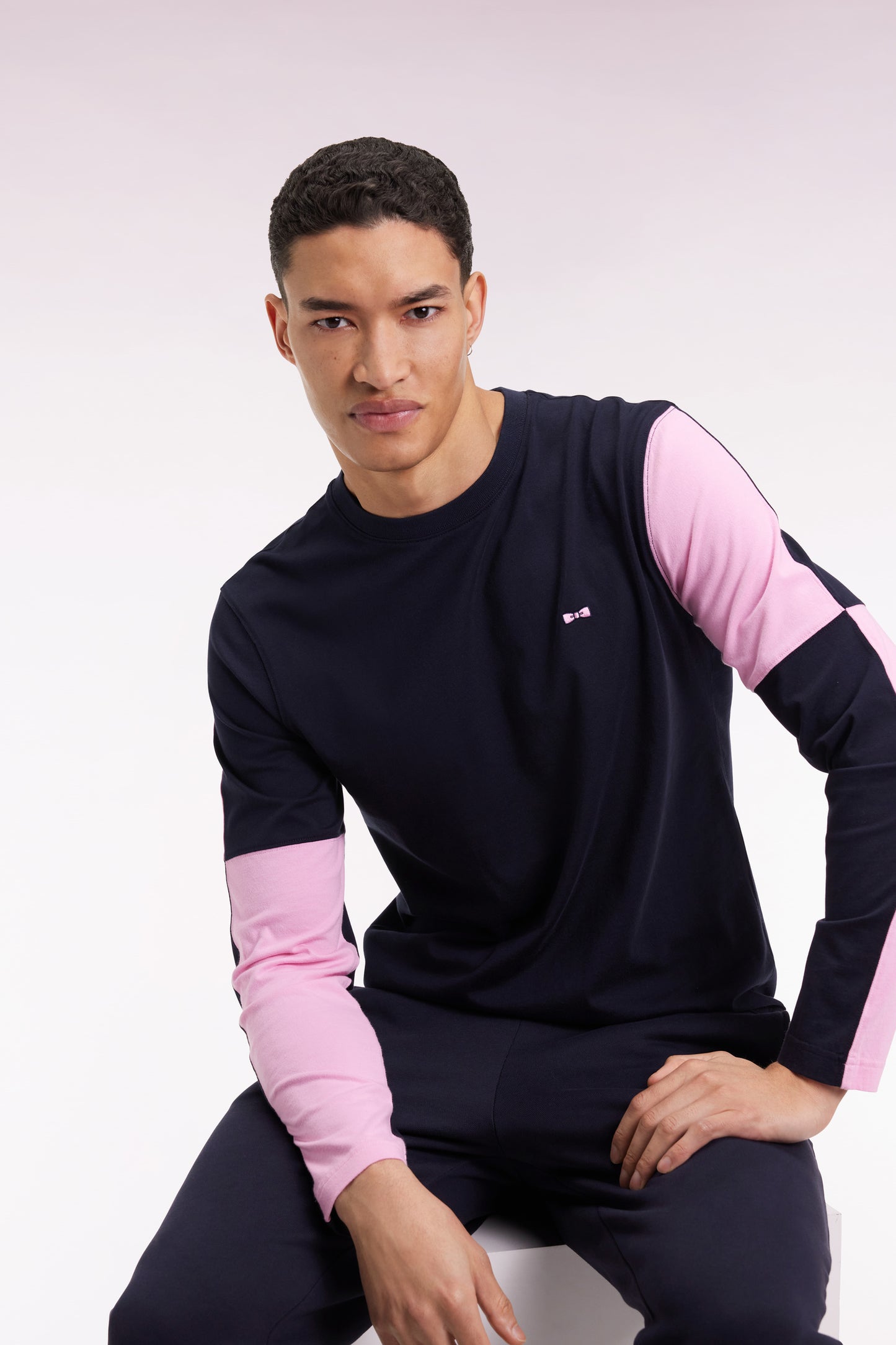 Long-sleeved T-shirt in pink colorblock navy cotton