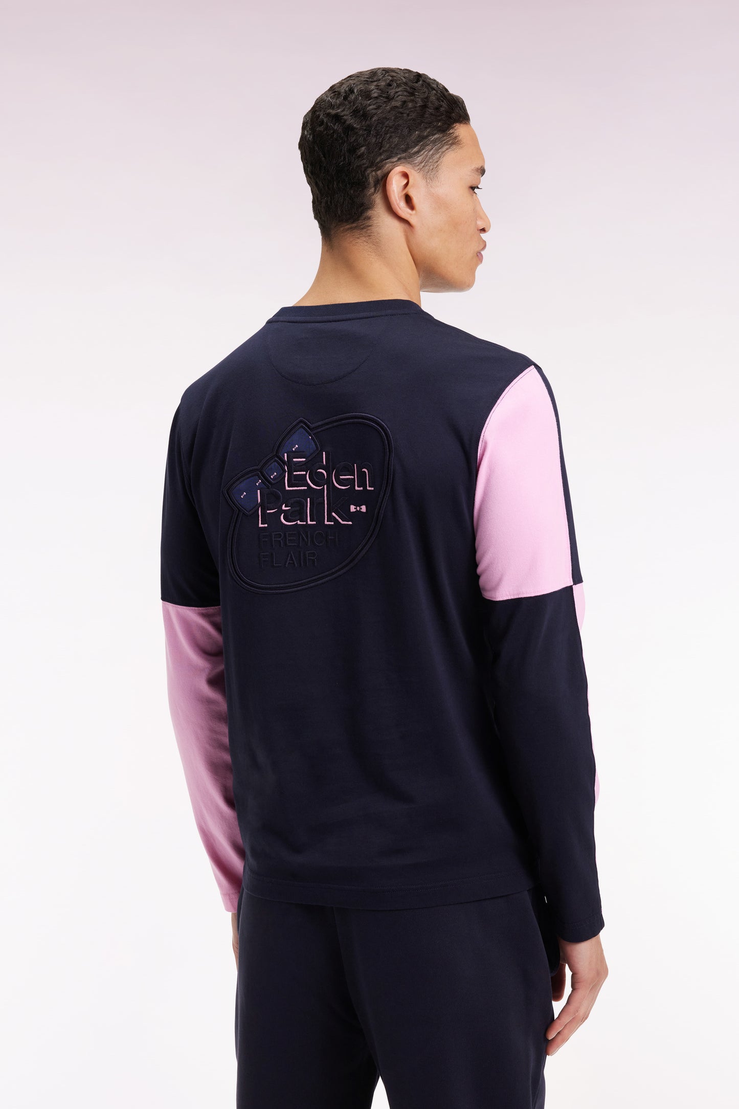 Long-sleeved T-shirt in pink colorblock navy cotton