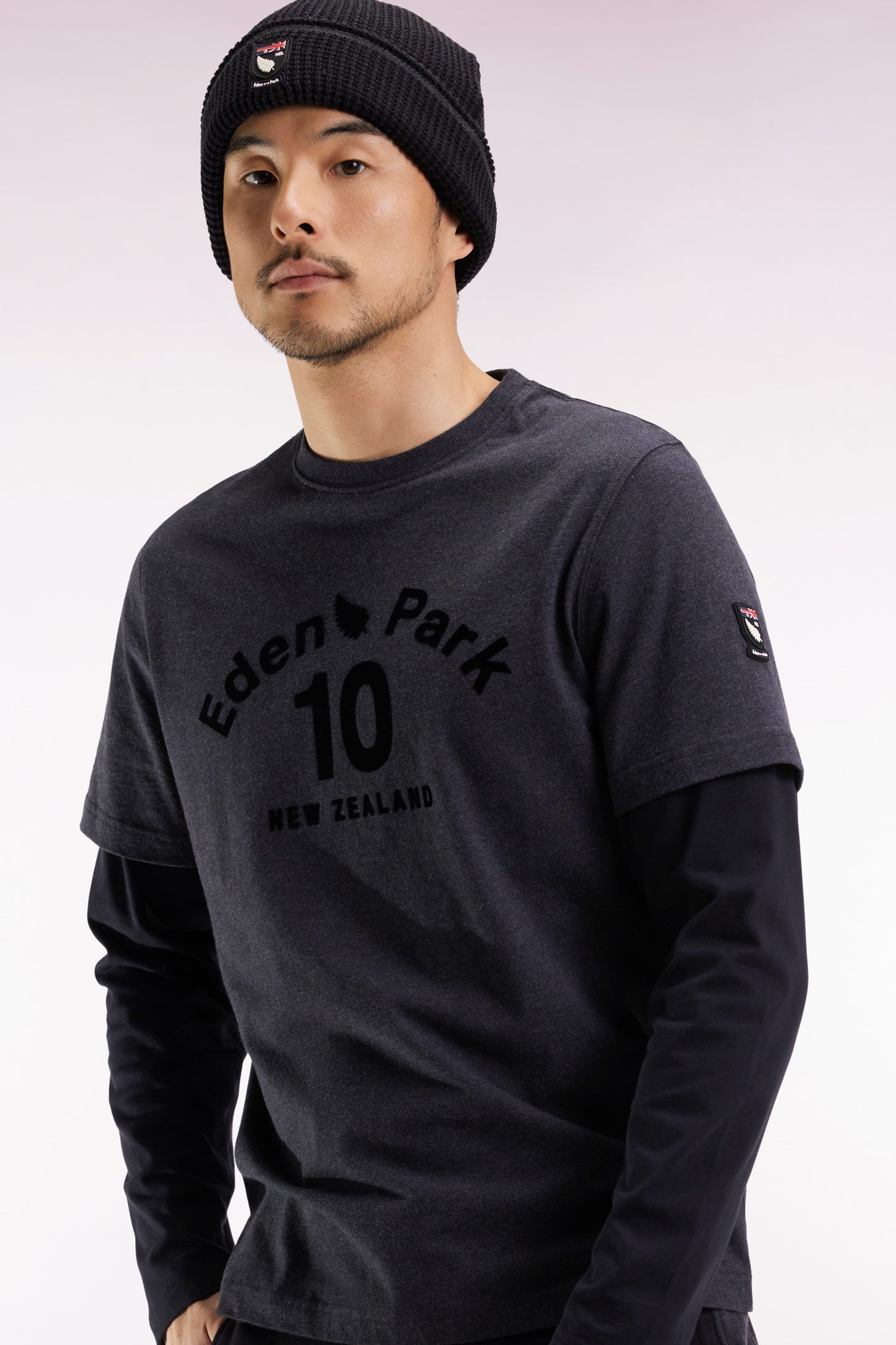 Long-sleeved T-shirt in grey cotton with overlay effect