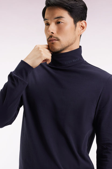 Long-sleeved turtleneck T-shirt in navy stretch cotton - Image 1