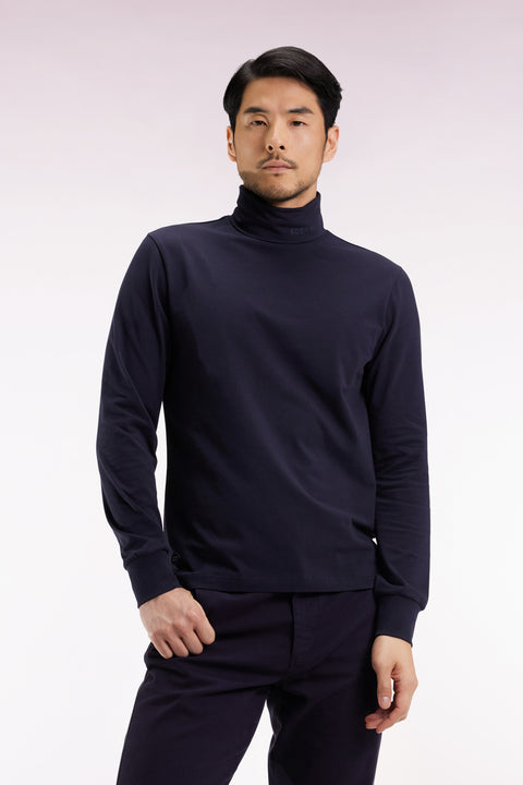 Long-sleeved turtleneck T-shirt in navy stretch cotton - Image 3