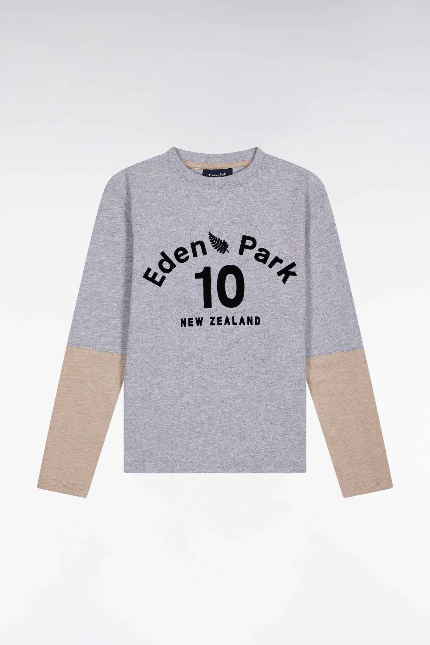 T-shirt à manches longues en coton bicolore gris et beige coupe droite