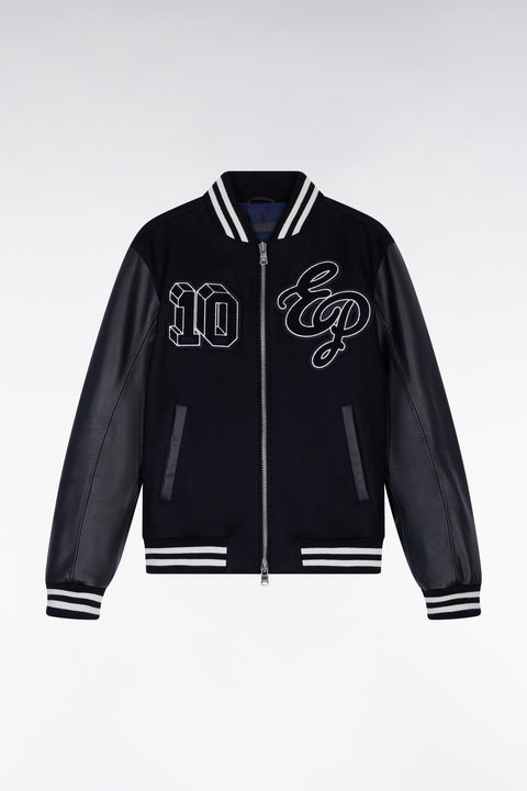 Two-tone teddy jacket with navy leather sleeves - Image 2