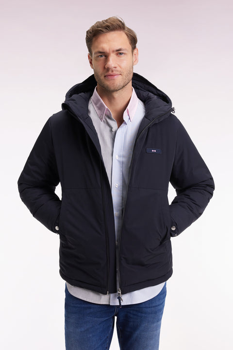 Mixed navy nylon windbreaker with integrated hood - Image 3