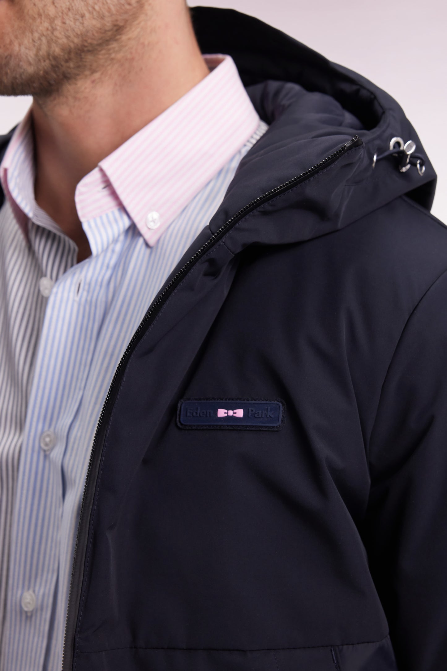 Mixed navy nylon windbreaker with integrated hood
