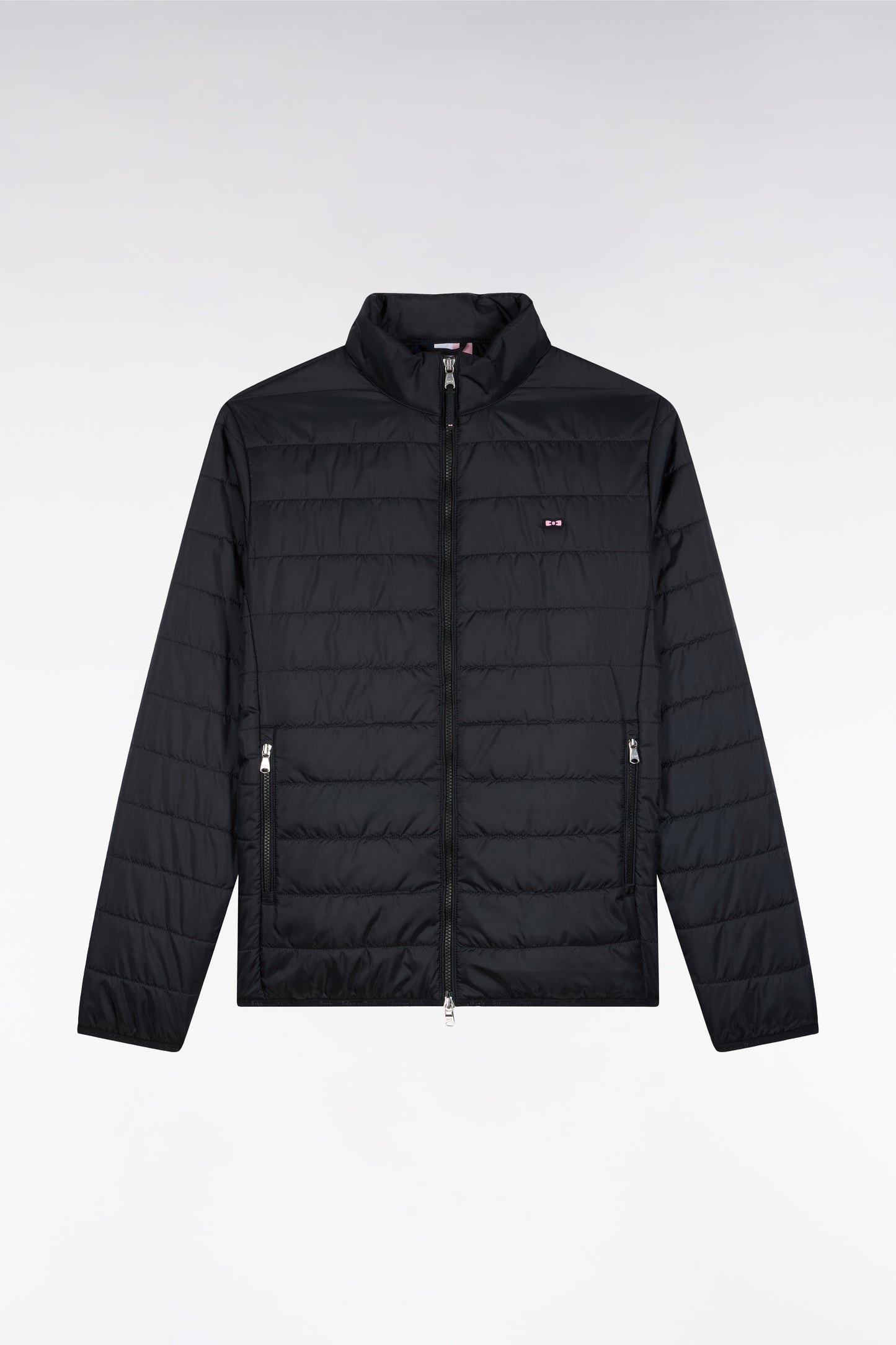 Black quilted nylon down jacket with stand-up collar