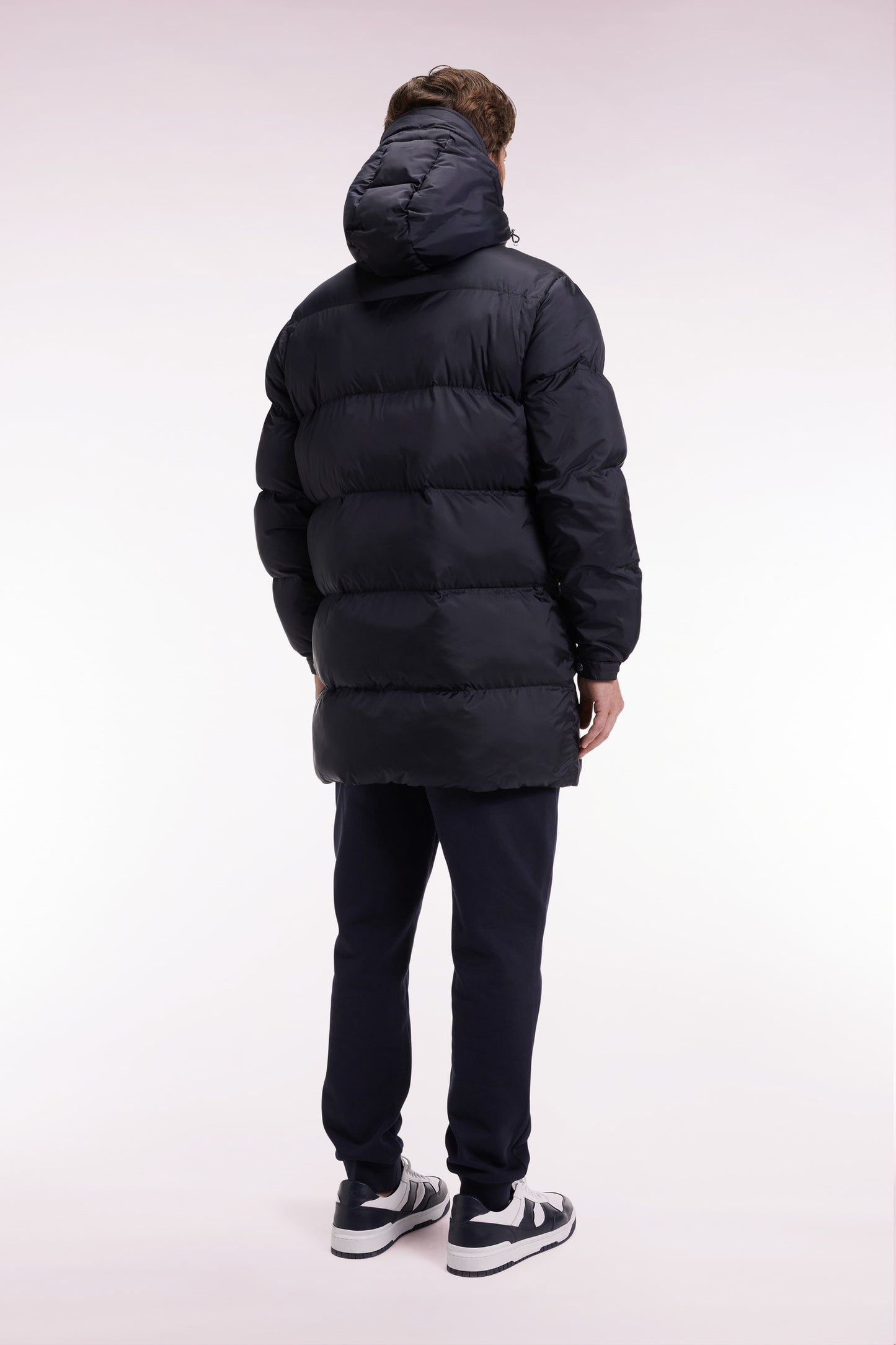 Long down jacket in navy quilted nylon