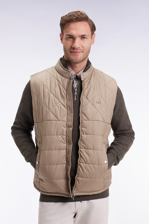 Sleeveless biker-collar jacket in beige quilted nylon - Image 3