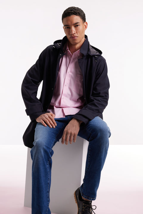 Long raincoat in navy double-faced jersey with removable hood - Image 1